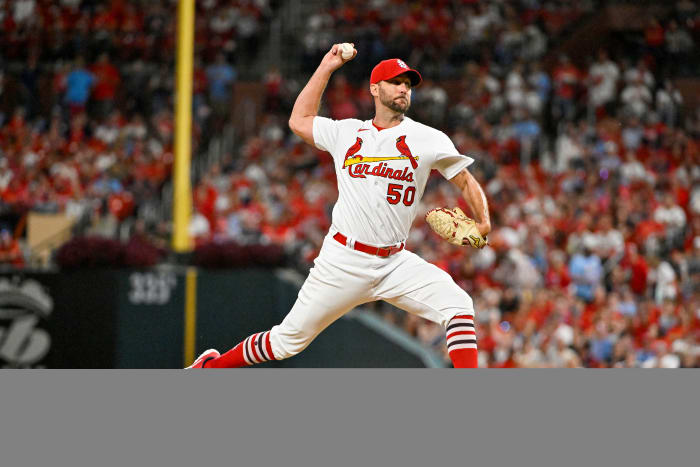 Sep 14, 2022; St. Louis, Missouri, USA; St. Louis Cardinals starting pitcher Adam Wainwright (50) pitches against the Milwaukee Brewers during the fifth inning at Busch Stadium.